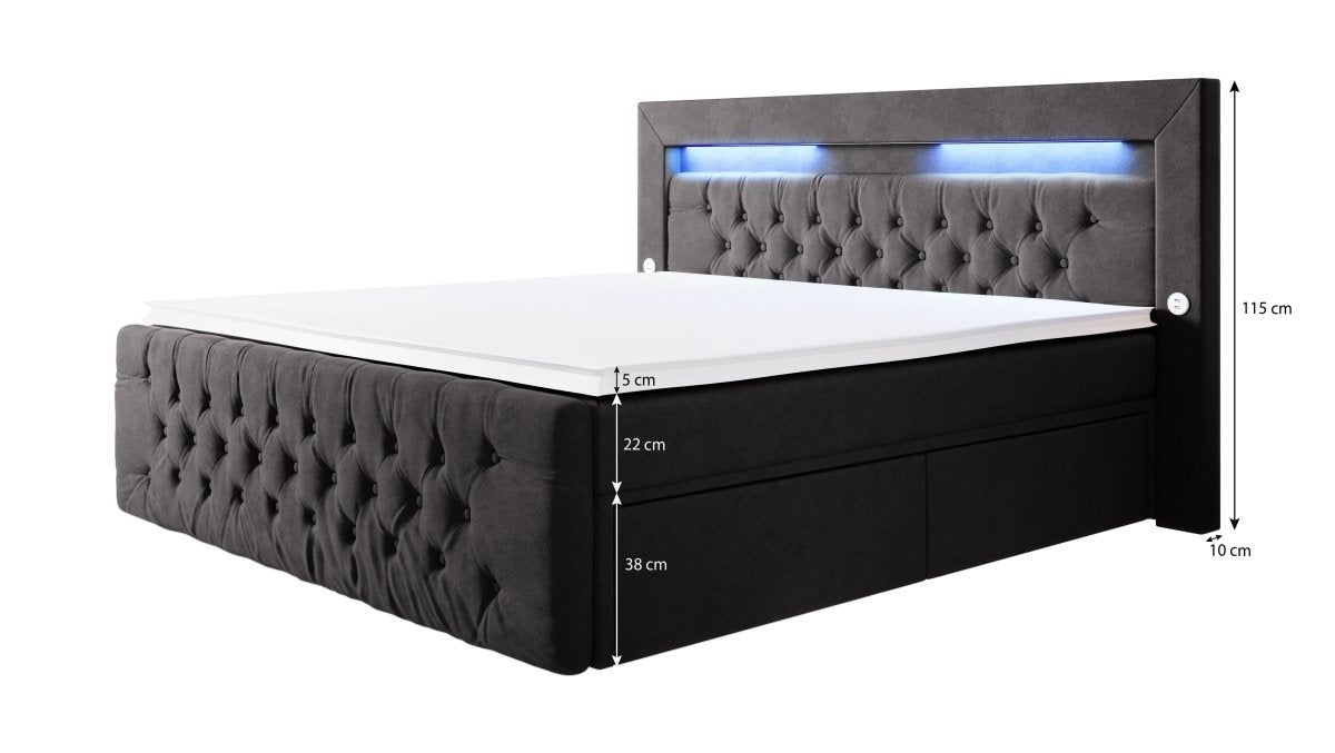 Boxspringbett Sunshine mit indirekter Beleuchtung, USB und Stauraum - Luxusbetten24