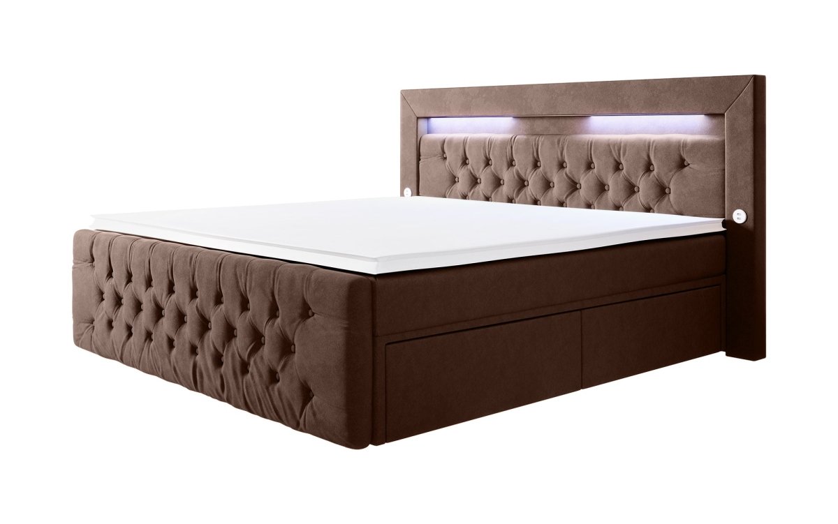 Boxspringbett Sunshine mit indirekter Beleuchtung, USB und Stauraum - Luxusbetten24