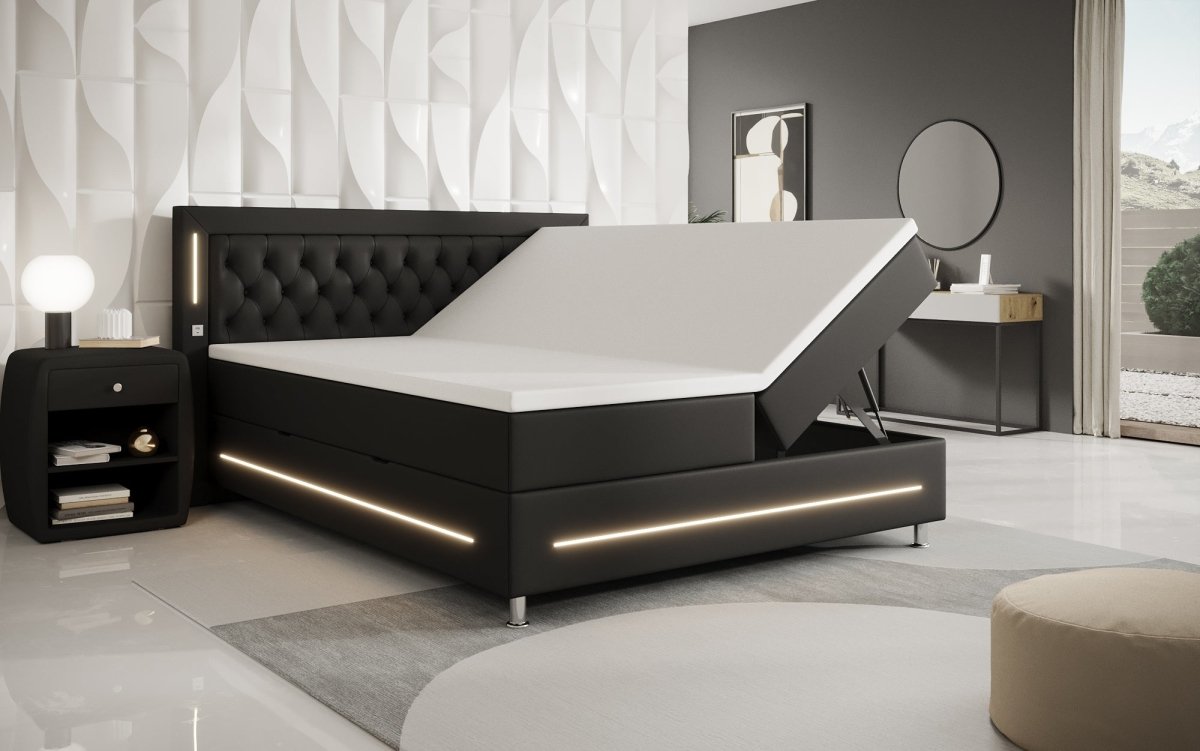 Boxspringbett Verdino mit RGB, USB und Stauraum - Luxusbetten24