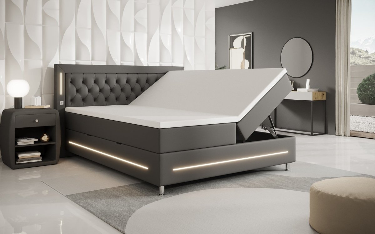 Boxspringbett Verdino mit RGB, USB und Stauraum - Luxusbetten24